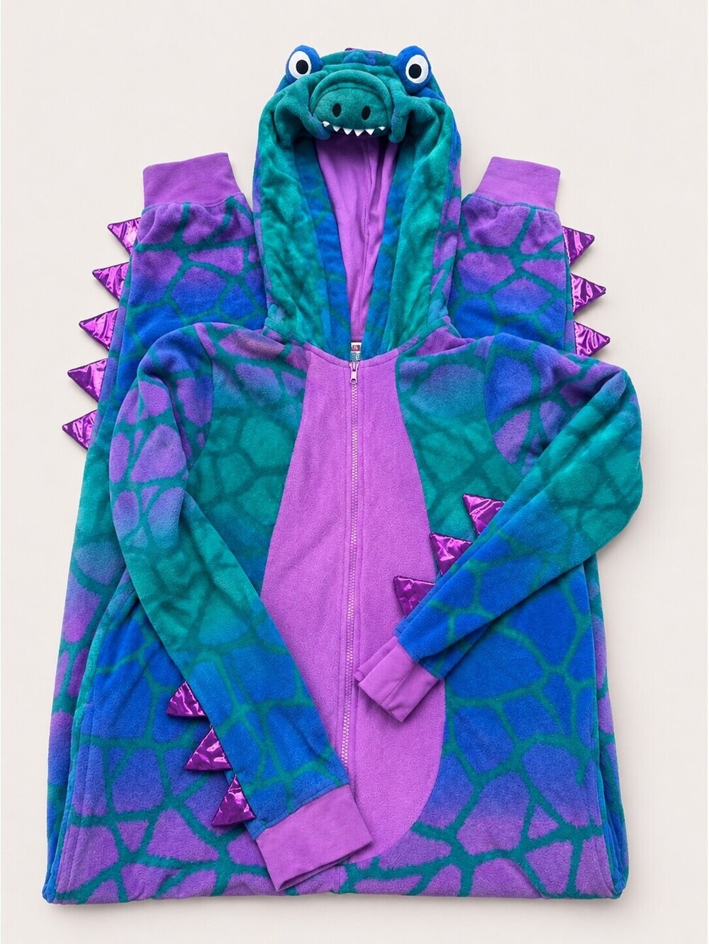 Adult Dragon Dinosaur Onesie Costume M/L Teal Purple Hooded Plush Jumpsuit